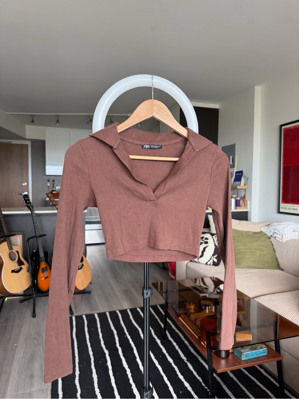 Zara Chocolate Brown Cropped Long-Sleeve Polo Top
